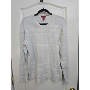 Alfani Mens V-Neck Pullover Sweater White & Grey Striped Size Large Slim Fit